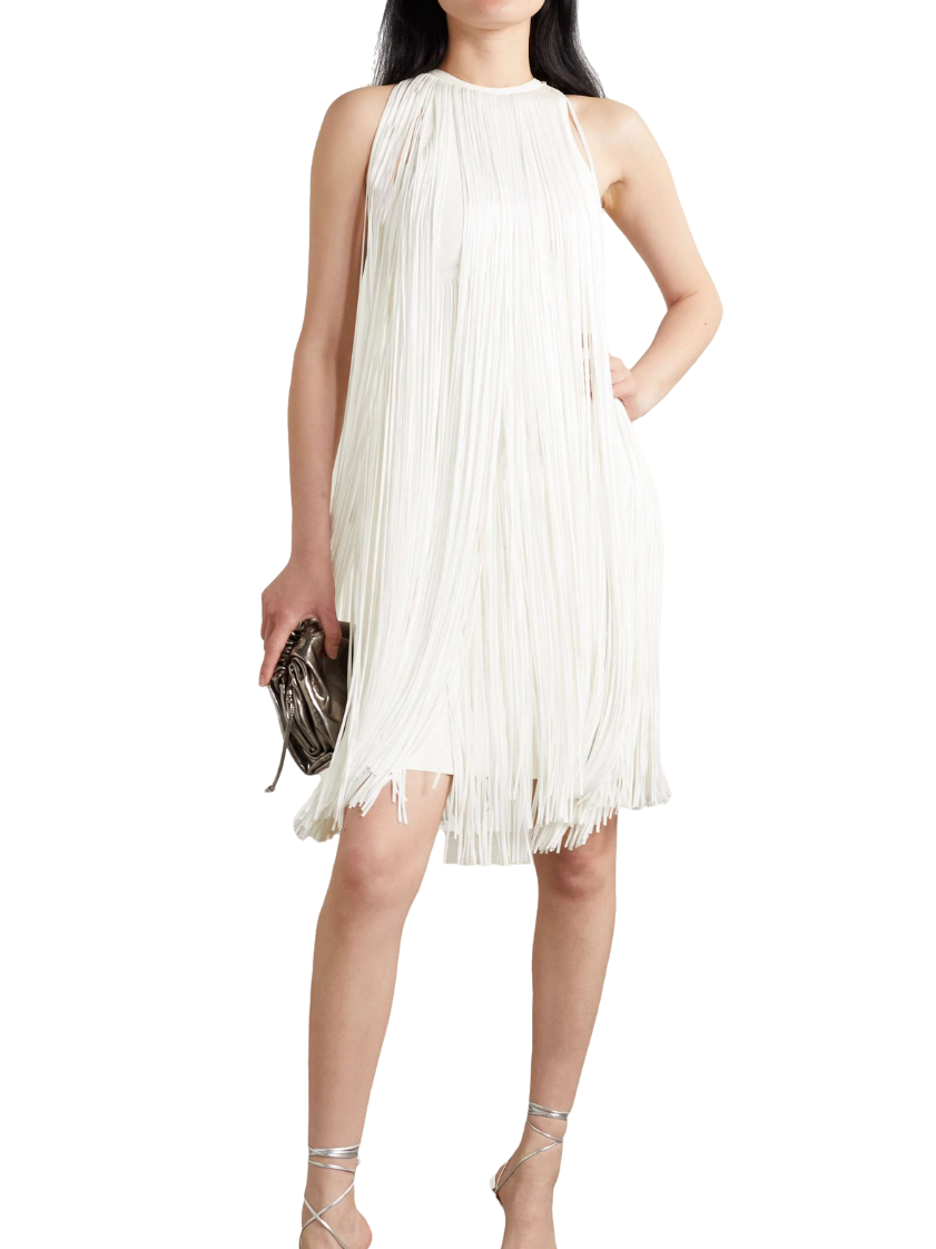 HERVÉ LÉGER WHITE RACER BACK FRINGE MINI DRESS