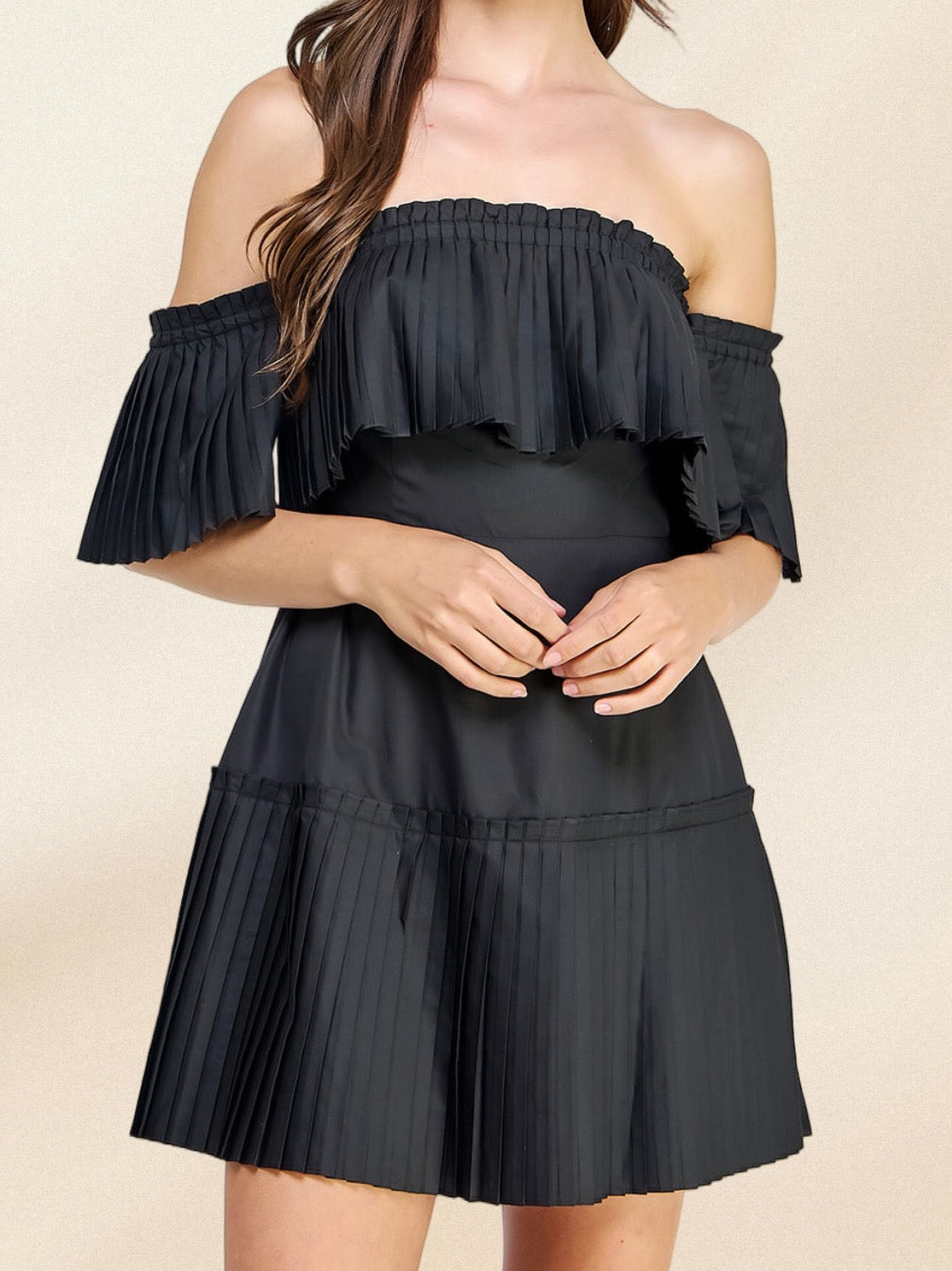 OFF SHOULDER PLEATED POPLIN BLACK MINI DRESS
