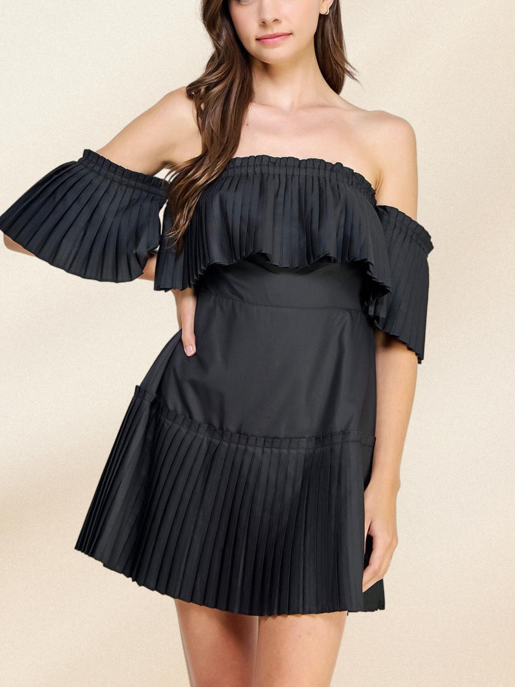 OFF SHOULDER PLEATED POPLIN BLACK MINI DRESS