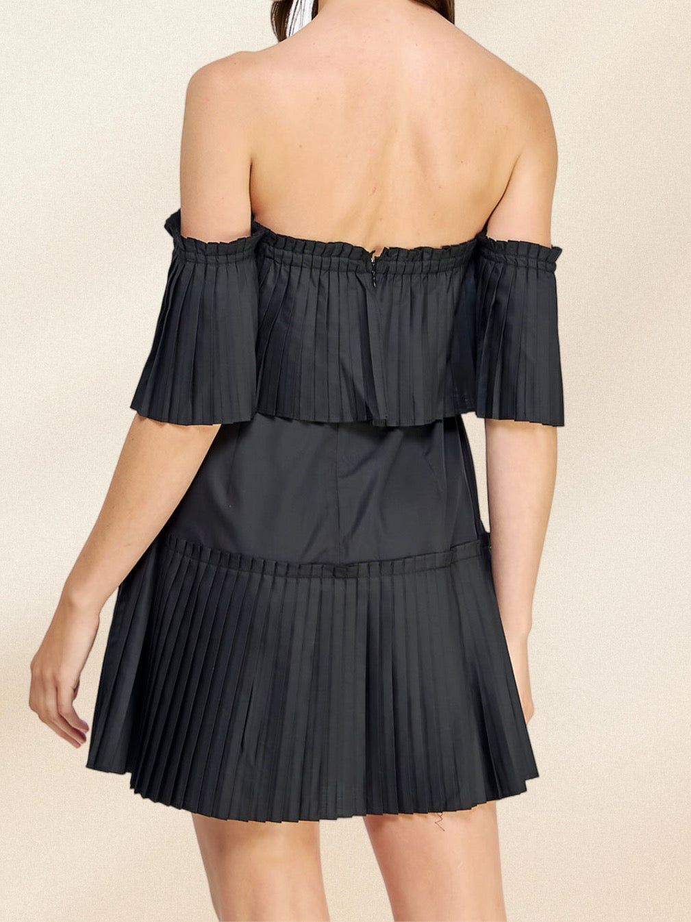 OFF SHOULDER PLEATED POPLIN BLACK MINI DRESS