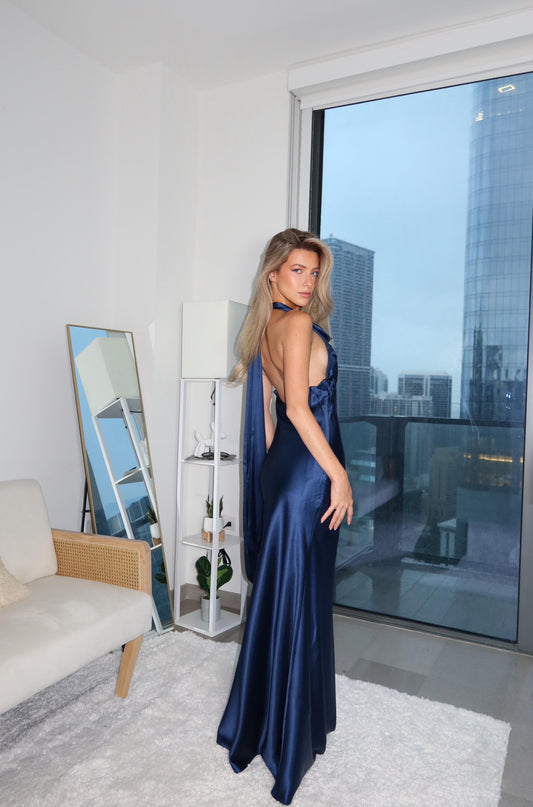 NAVY BLUE SATIN MAXI DRESS