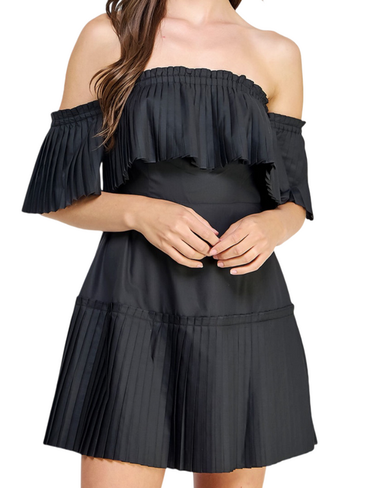 OFF SHOULDER PLEATED POPLIN BLACK MINI DRESS